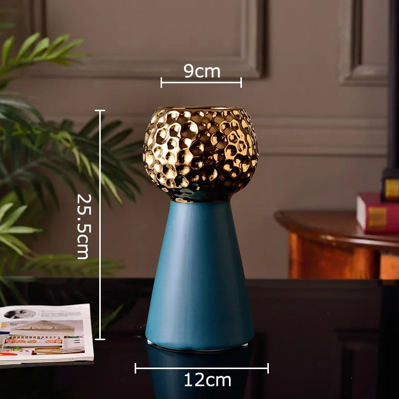 Jarrón de cerámica con patrón de martillo dorado Decorbites™: Maceta creativa para decoración de mesa y arreglo floral