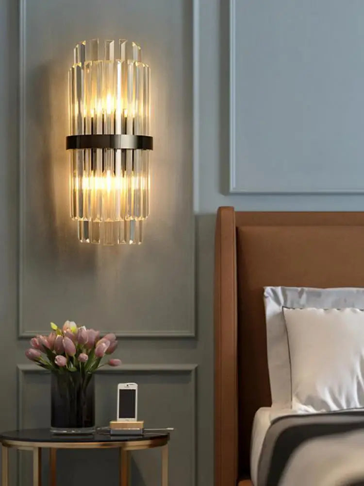 DecorBites™ Art Deco Stainless Steel Crystal LED Wall Sconce Black Gold Bedroom Corridor