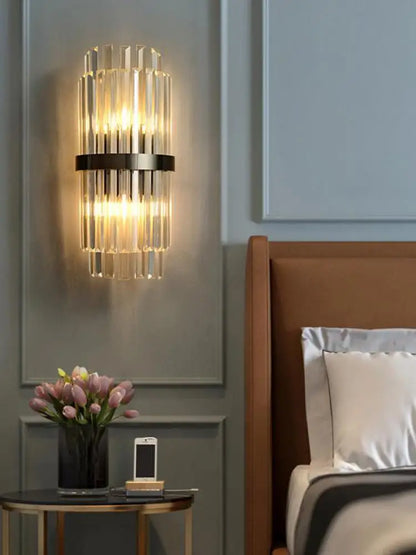 DecorBites™ Art Deco Stainless Steel Crystal LED Wall Sconce Black Gold Bedroom Corridor