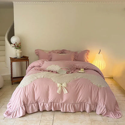 Decobites Lace Embroidery Princess Bedding Set - Duvet Cover, Sheet, Pillowcases - Blue Pink Purple