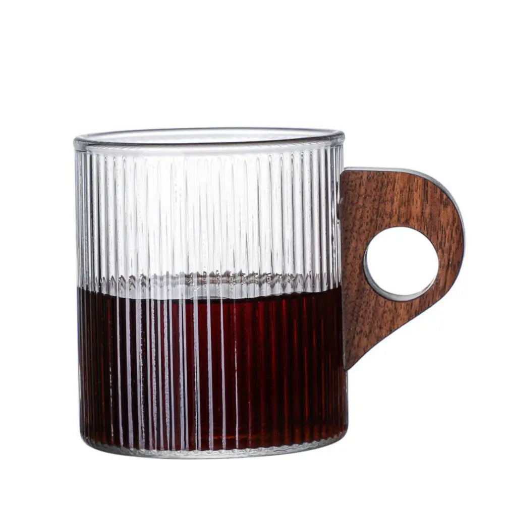 DecorBites™ Glass Coffee Mug with Wooden Handle, Japanese-Style Tea Cup, Vertical Stripes