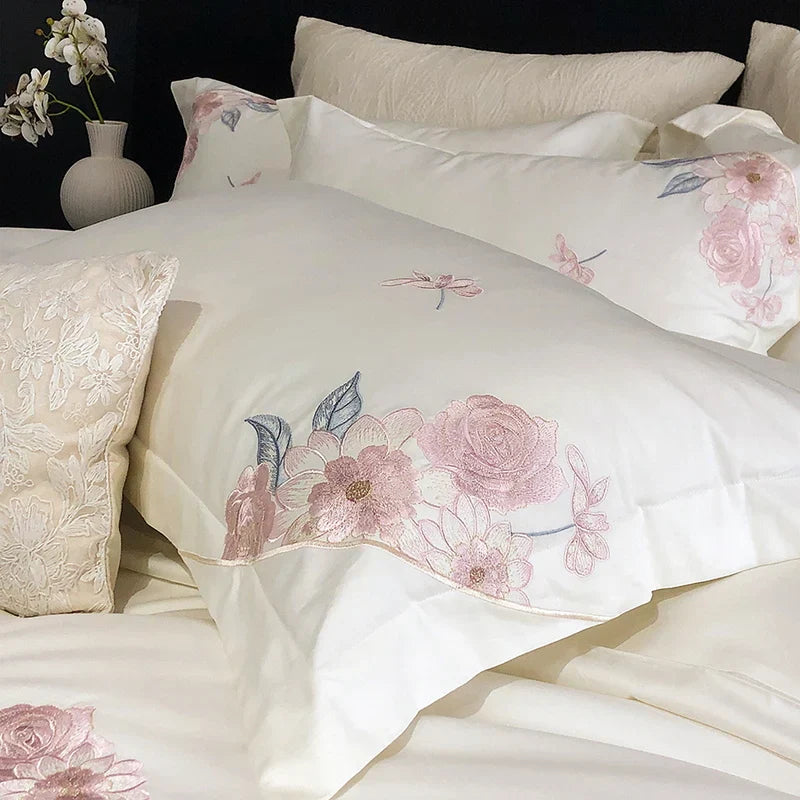 Decobites Luxury Flowers Embroidery Bedding Set 600TC Egyptian Cotton Duvet Cover Queen King Size