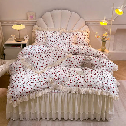 Decobites Princess Lace Ruffles Floral Bedding Set with Duvet Cover and Bed Skirt