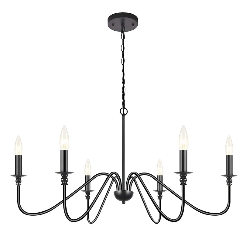 DecorBites™ Black 6-Light Chandelier, Wrought Iron Farmhouse Pendant Light, Classic Candle Fixture