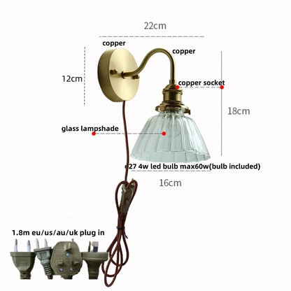 DecorBites™ Clear Glass LED Wall Sconce Pull Chain Switch Modern Copper Bedside Lamp