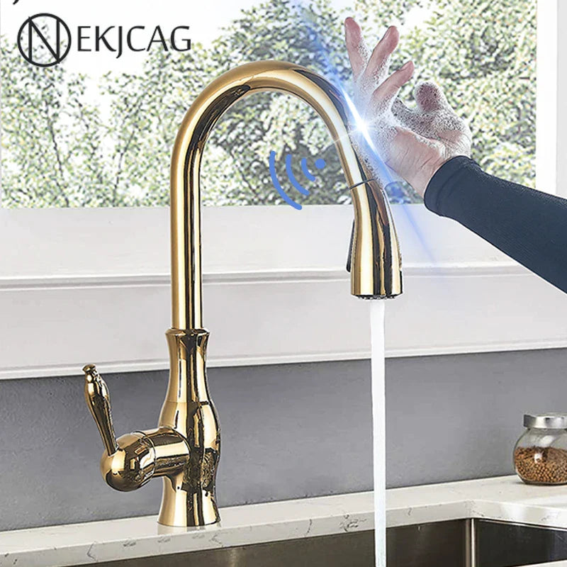DecorBites™ Gold Sensor Kitchen Faucet Pull Out Touch Control Mixer Tap Sink Crane