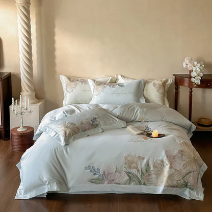 Decobites Luxury Flowers Embroidery Bedding Set Cream White 1000TC Egyptian Cotton Princess Suite