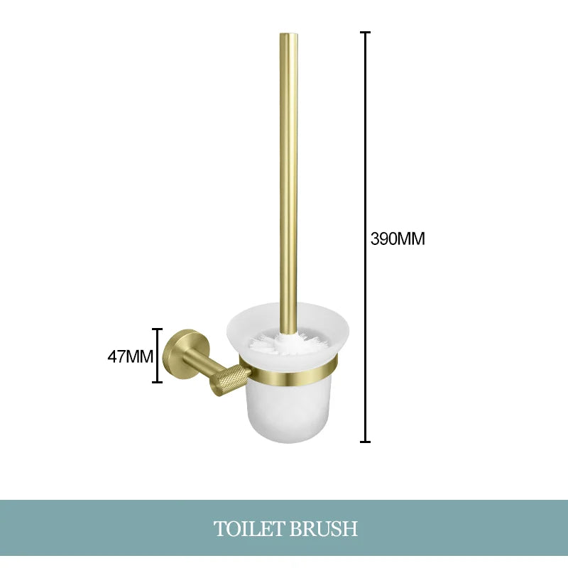Conjunto de Hardware Decorbites™ Gold: Barra de Toallas, Soporte para Papel Higiénico, Gancho para Batas, Colgador de Tazas