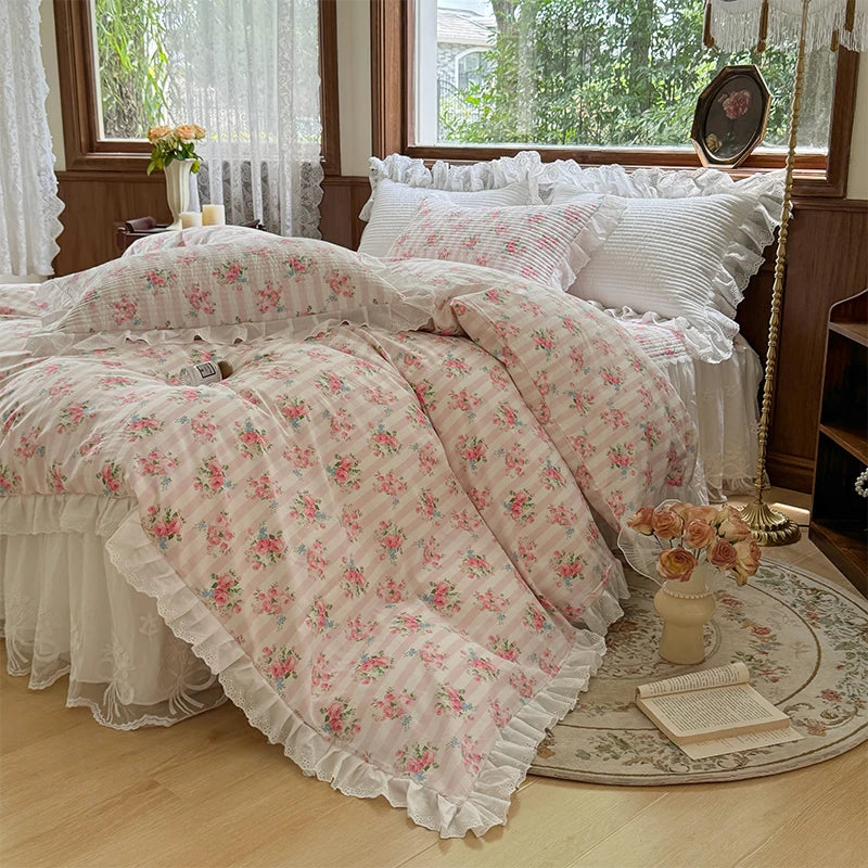 Decobites Floral Print Cotton Princess Bedding Set with Vintage Lace Details