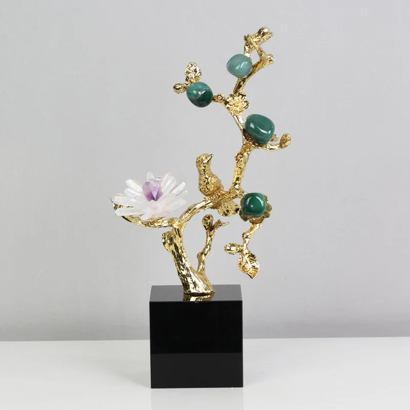 DecorBites™ Golden Tree Crystal Flower Brass Amethyst Decor with Golden Bird Figurines