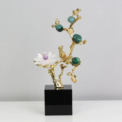 DecorBites™ Golden Tree Crystal Flower Brass Amethyst Decor with Golden Bird Figurines