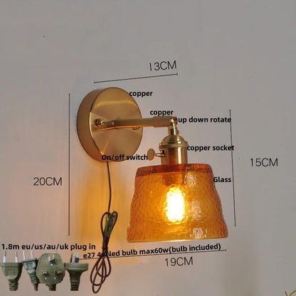 DecorBites™ Clear Glass LED Wall Lights Brass E27 Pull Chain Switch Bedside Lamp