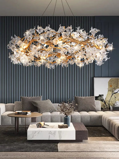 DecorBites™ Glass Crystal LED Branches Chandelier Pendant Light - Handmade Kapok Flower Decoration