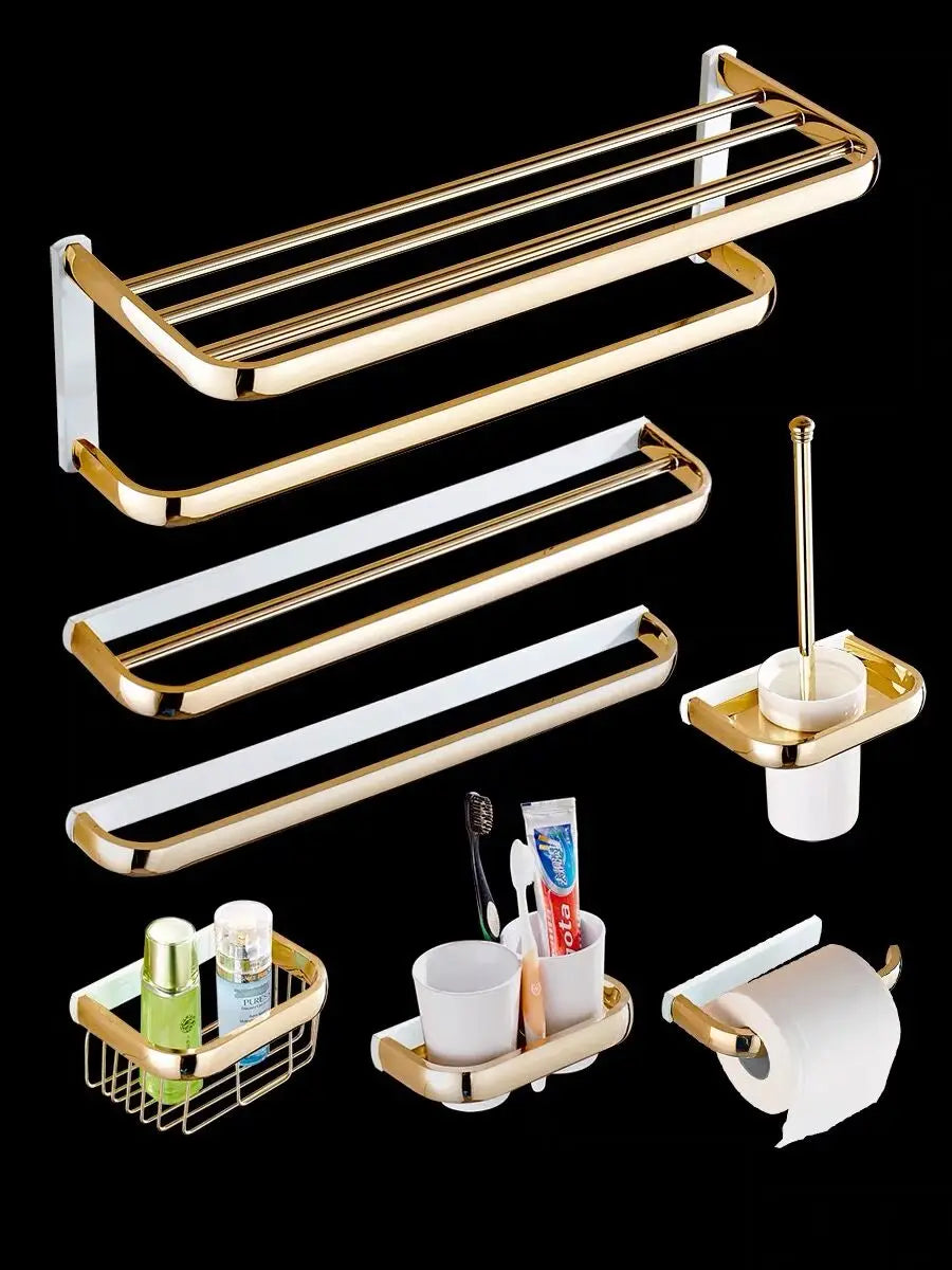 DecorBites™ Gold Brass Bathroom Hardware Set: Paper Holder, Towel Bar, Soap Basket, Towel Rack