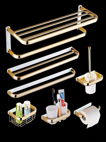 DecorBites™ Gold Brass Bathroom Hardware Set: Paper Holder, Towel Bar, Soap Basket, Towel Rack