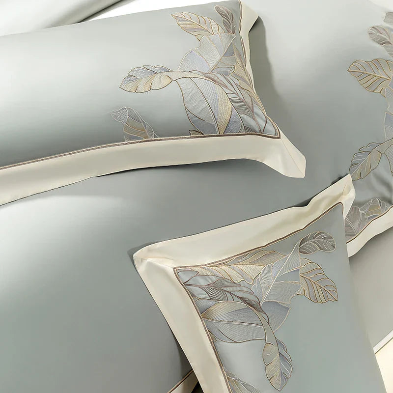 DecorBites™ Eucalyptus Lyocell Soft Silky Cool Bedding Set with Leaves Embroidery