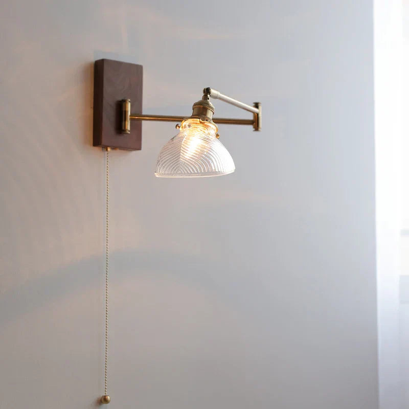DecorBites™ Clear Glass Copper LED Wall Light with Pull Chain Switch & Walnut Wood Canopy