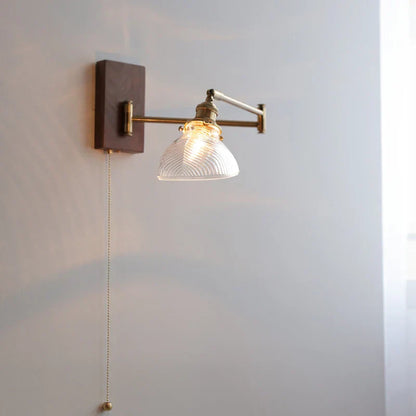 DecorBites™ Clear Glass Copper LED Wall Light with Pull Chain Switch & Walnut Wood Canopy
