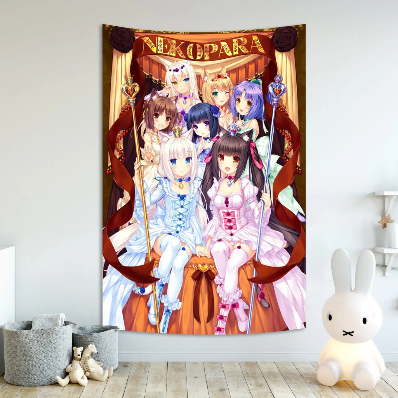 Decobites Nekoparas Wall Tapestry: Kawaii Pink Room Banner for Girls' Dormitory