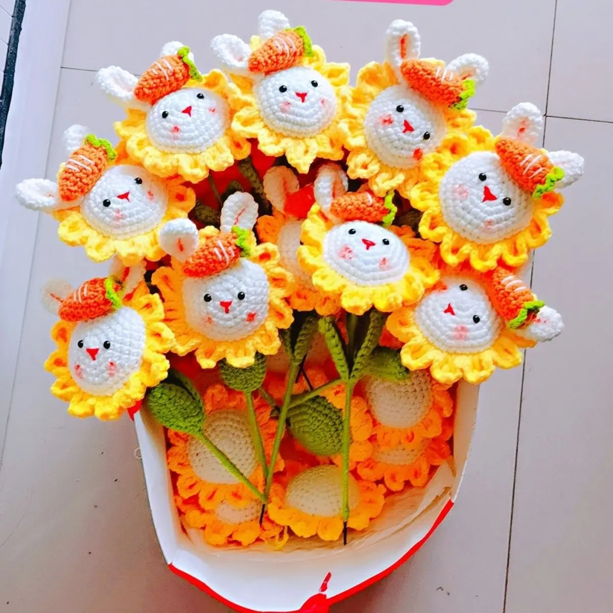 DecorBites™ Knitted Sunflower & Rabbit Bouquet: Handmade Crochet DIY Home Decor & Gift