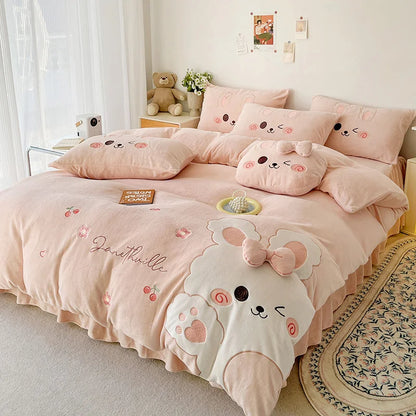 Decobites Cartoon Rabbit Applique Embroidery Bedding Set with Velvet Fleece for Cozy Comfort