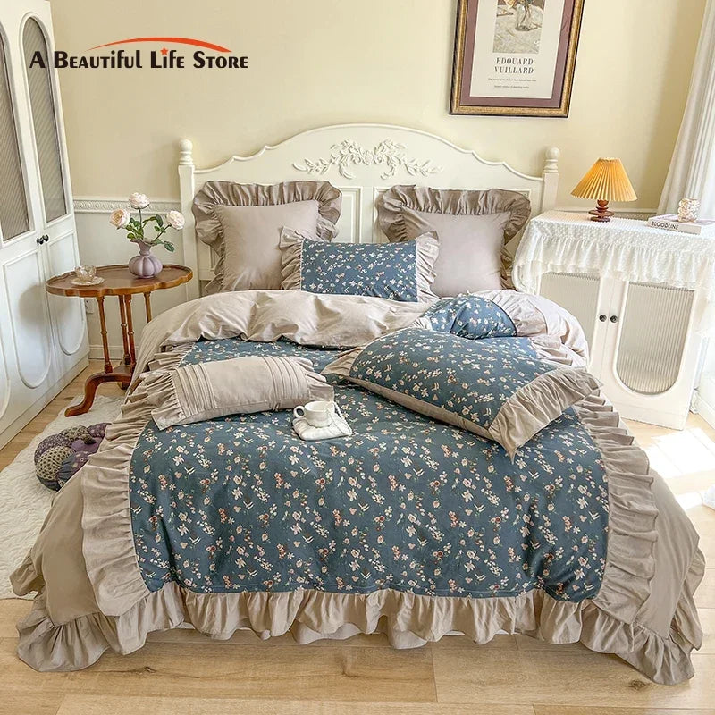 Decobites Vintage Floral Cotton Bedding Set with Pleat Ruffles and Duvet Cover