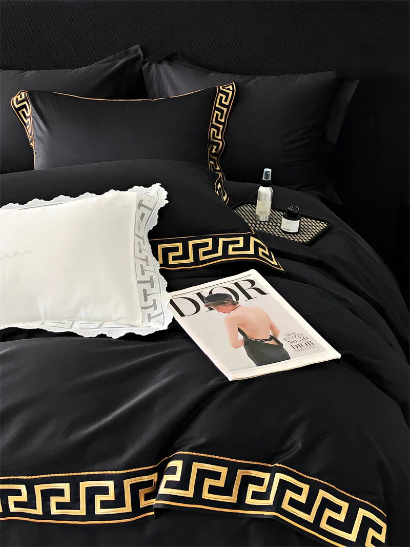 DecorBites™ Gold Embroidery Duvet Set, Black Egyptian Cotton Bedding, 1000TC, Double King Queen