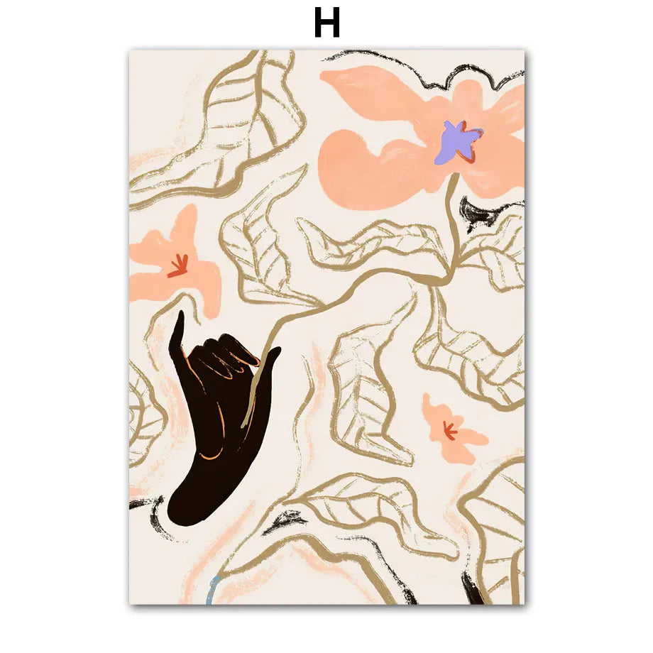 Pintura abstracta de lienzo con diseño de niña, mano, fruta, flor, hoja, jarrón, arte de pared