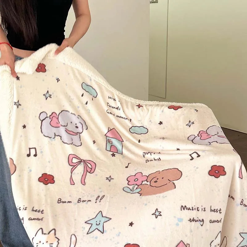 DecorBites™ Cartoon Lamb Wool Blanket - Thick, Printed Coral Fleece Sofa Cover