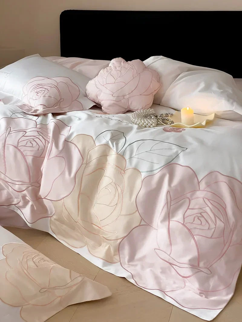 Decobites Luxury Rose Flowers Embroidery Bedding Set 1000TC Egyptian Cotton Duvet Cover Set