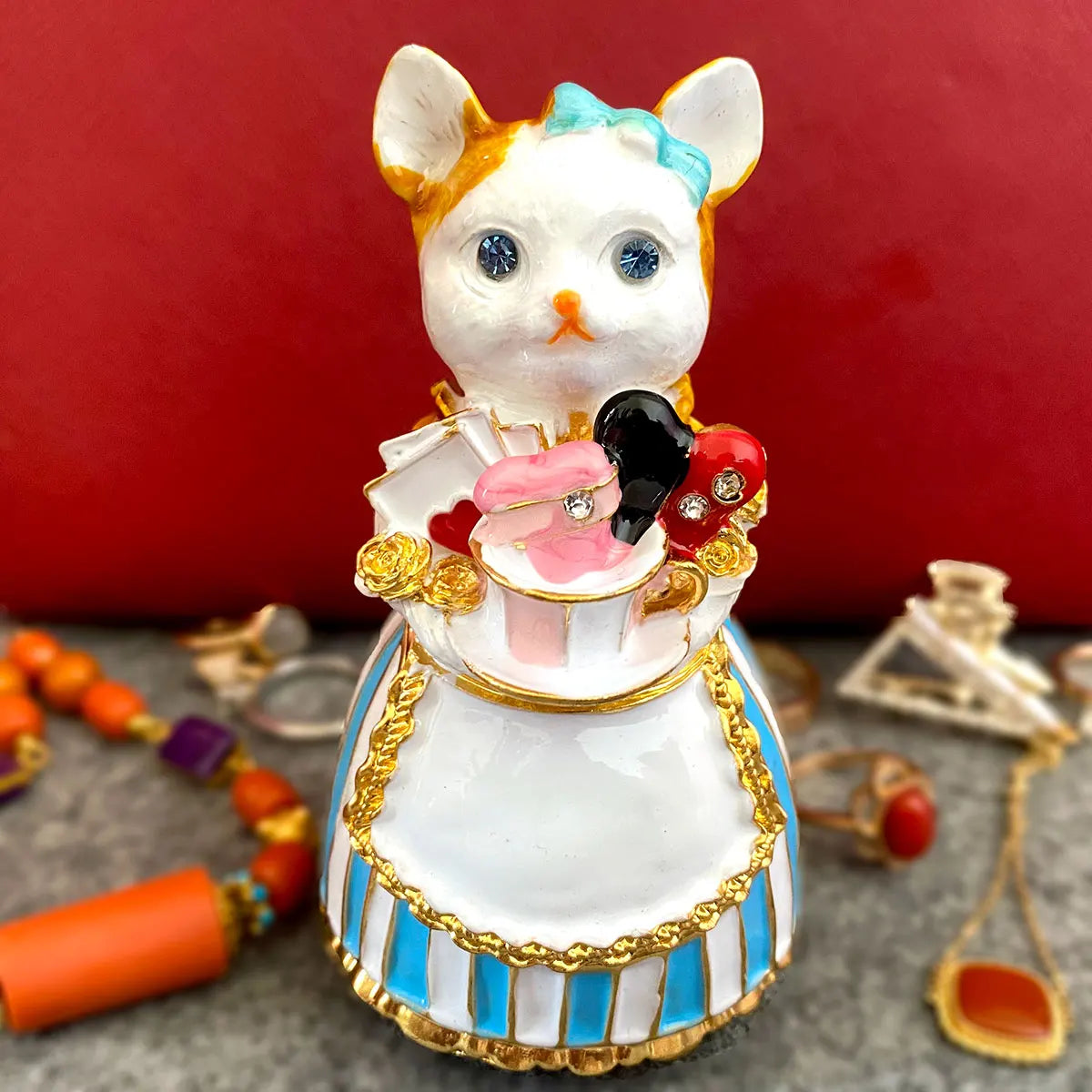 DecorBites™ Elegant Cat Jewelry Trinket Box | Hinged Enamel Figurines | Collectible Gift Holder