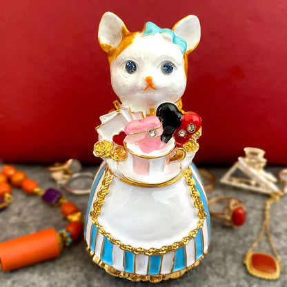 DecorBites™ Elegant Cat Jewelry Trinket Box | Hinged Enamel Figurines | Collectible Gift Holder