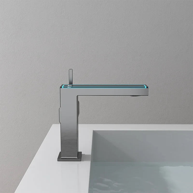 DecorBites™ Digital Display Square Sink Mixer with Single Handle in Gray.