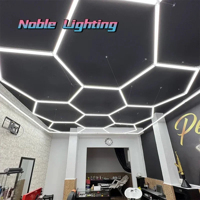 أضواء LED هندسية من DecorBites™ لصيانة السيارات في ورش العمل - تصميم ندفة الثلج متعدد الأضلاع