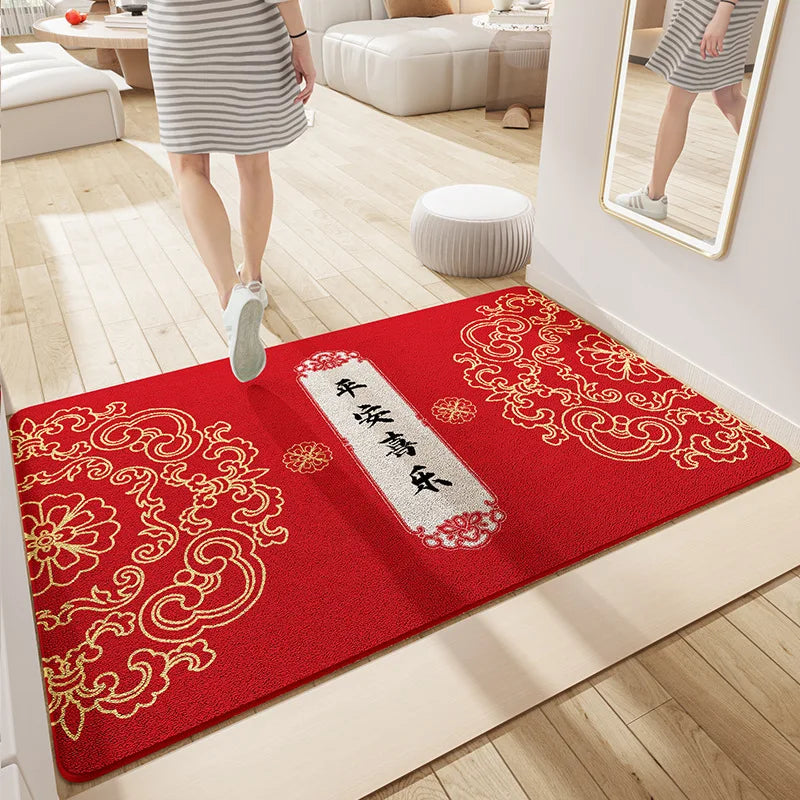 Decobites Red Tech Velvet Entrance Doormat: New Chinese Style, Anti-slip, Wear-resistant & Easy To Clean