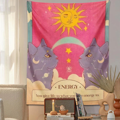 Decobites Tarot Constellation Cat Energy Wall Art Tapestry - Sun Moon Decor