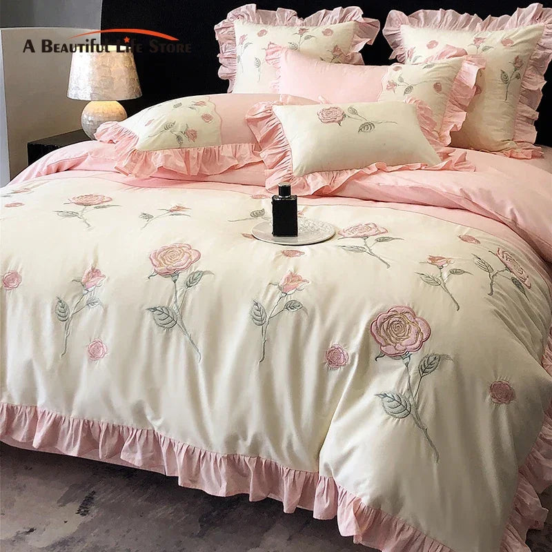 Decobites Vintage Pink Red Rose Flowers Embroidery Bedding Set with Ruffles