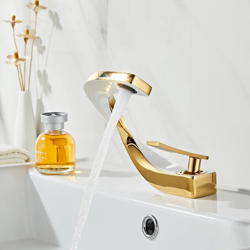 DecorBites™ Gold & White Bathroom Basin Faucet Deck Mounted Sink Tap, Brass with Rose Gold Accent