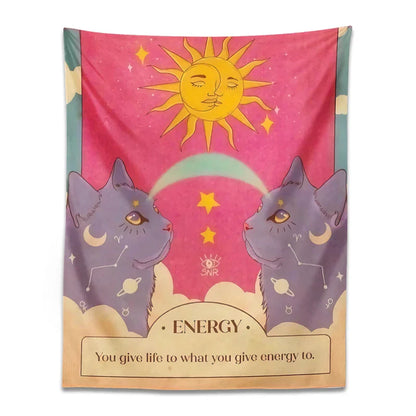 Decobites Tarot Constellation Cat Energy Wall Art Tapestry - Sun Moon Decor