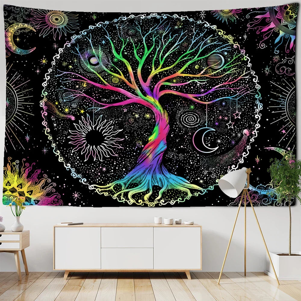 Tapiz abstracto del Árbol de la Vida para colgar en la pared de DecorBites™ - Arte psicodélico hippie