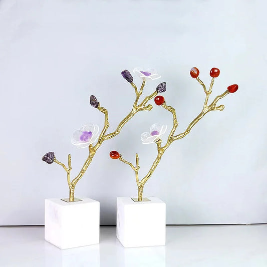 DecorBites™ Crystal Flower Tree Sculpture: Golden Branches with Marble Base