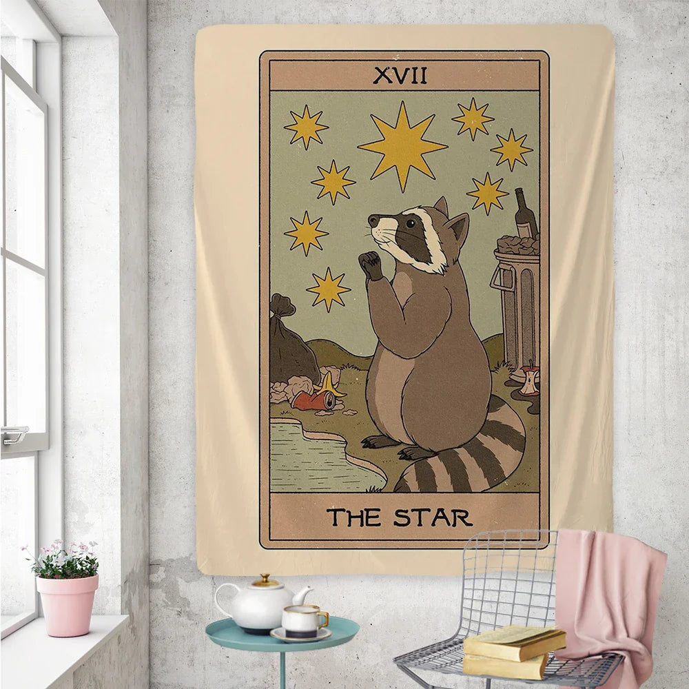 Decobites Cute Raccoon Tarot Card Tapestries: Boho Mystery Art for Hippie Home Decor