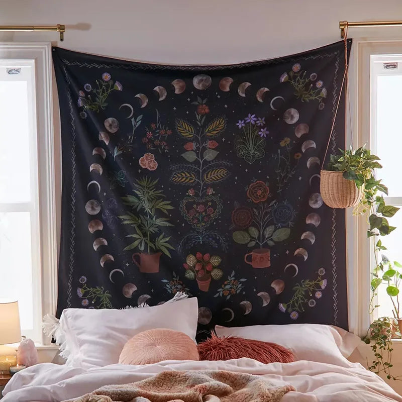 Botanical Celestial Floral Wall Tapestry by Decobites, Moon Phase Hippie Flower Dorm Decor