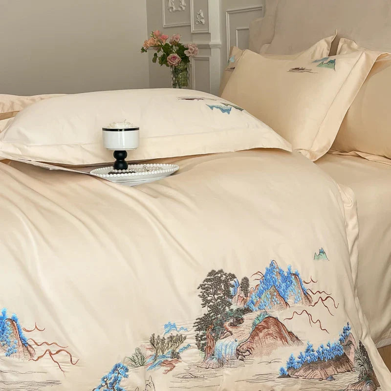 Decobites Mountain River Landscape Embroidery Bedding Set - Duvet Cover, Bed Sheet, Pillowcases