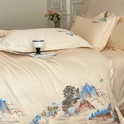 Decobites Mountain River Landscape Embroidery Bedding Set - Duvet Cover, Bed Sheet, Pillowcases