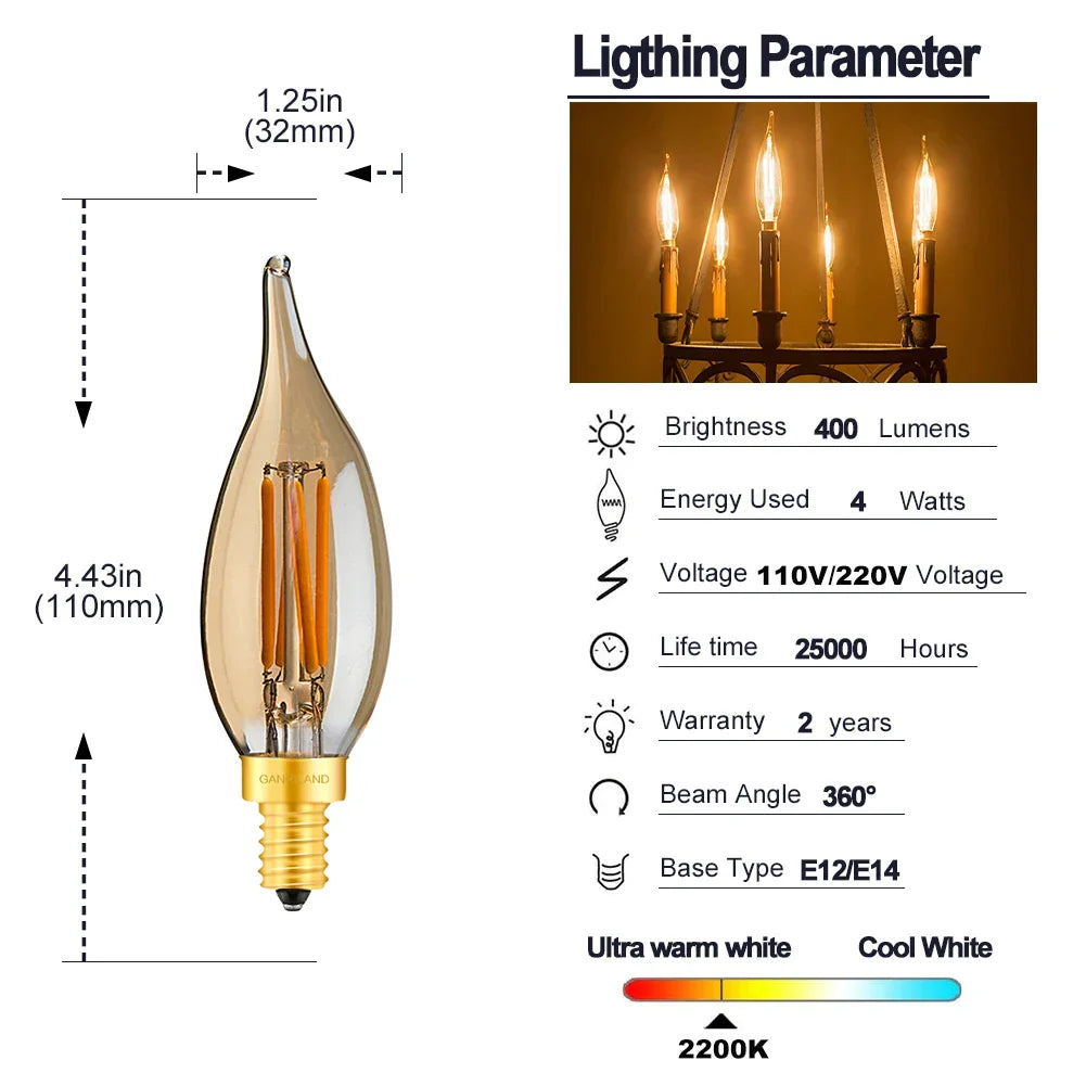 DecorBites™ Dimmable LED Filament Candelabra Bulb for Pendant Lamp - 2700K