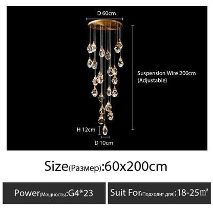 DecorBites™ Diamond Crystal Chandelier Staircase LED Golden Large Living Room Hall Lighting