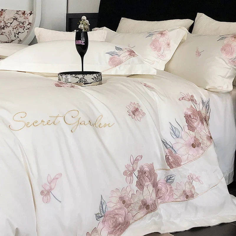 Decobites Luxury Flowers Embroidery Bedding Set 600TC Egyptian Cotton Duvet Cover Queen King Size