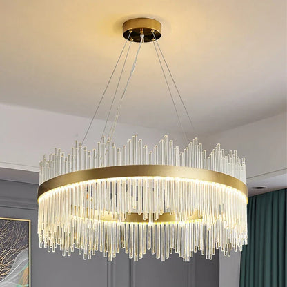 DecorBites™ Gold LED Circle Crystal Chandelier: Elegant Home Pendant Lighting for Living Room, Bedroom, Kitchen