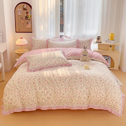 Decobites Floral Ruffles Bedding Set with Duvet Cover, Sheets, and Pillowcases